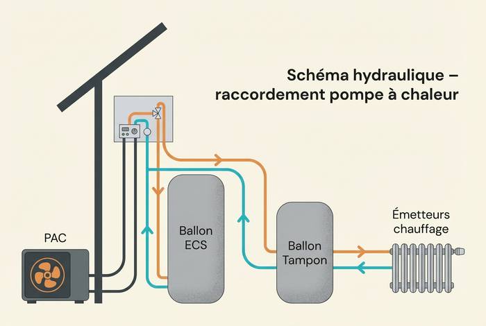 Pompe à chaleur avec production d'eau chaude — illustration RenoMigo