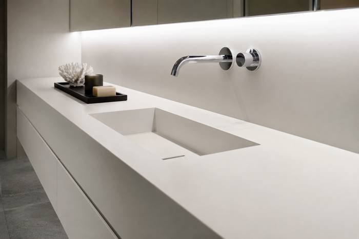 Avantages et inconvénients du Corian pour vos plans de travail — illustration RenoMigo