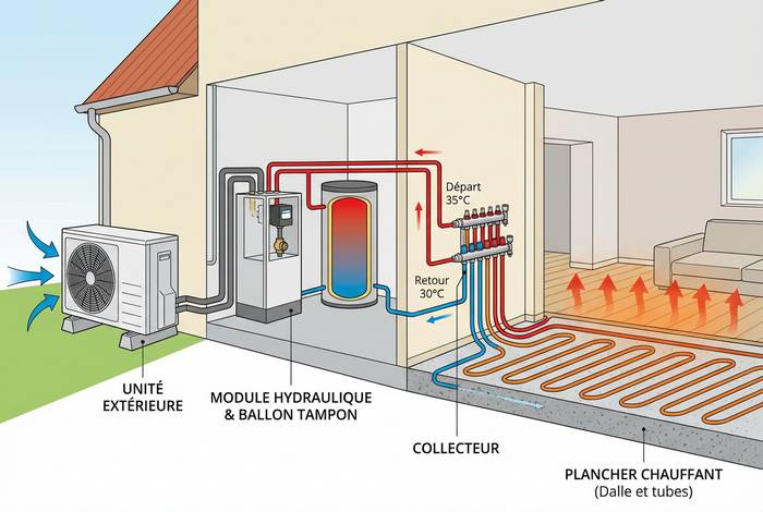 Pompe à chaleur pour plancher chauffant — illustration RenoMigo