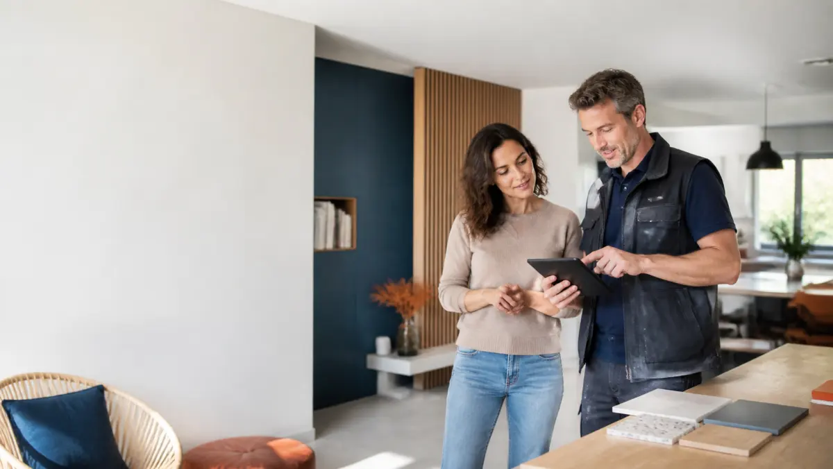 Cliente et artisan consultant ensemble le suivi d’un projet de rénovation intérieure
