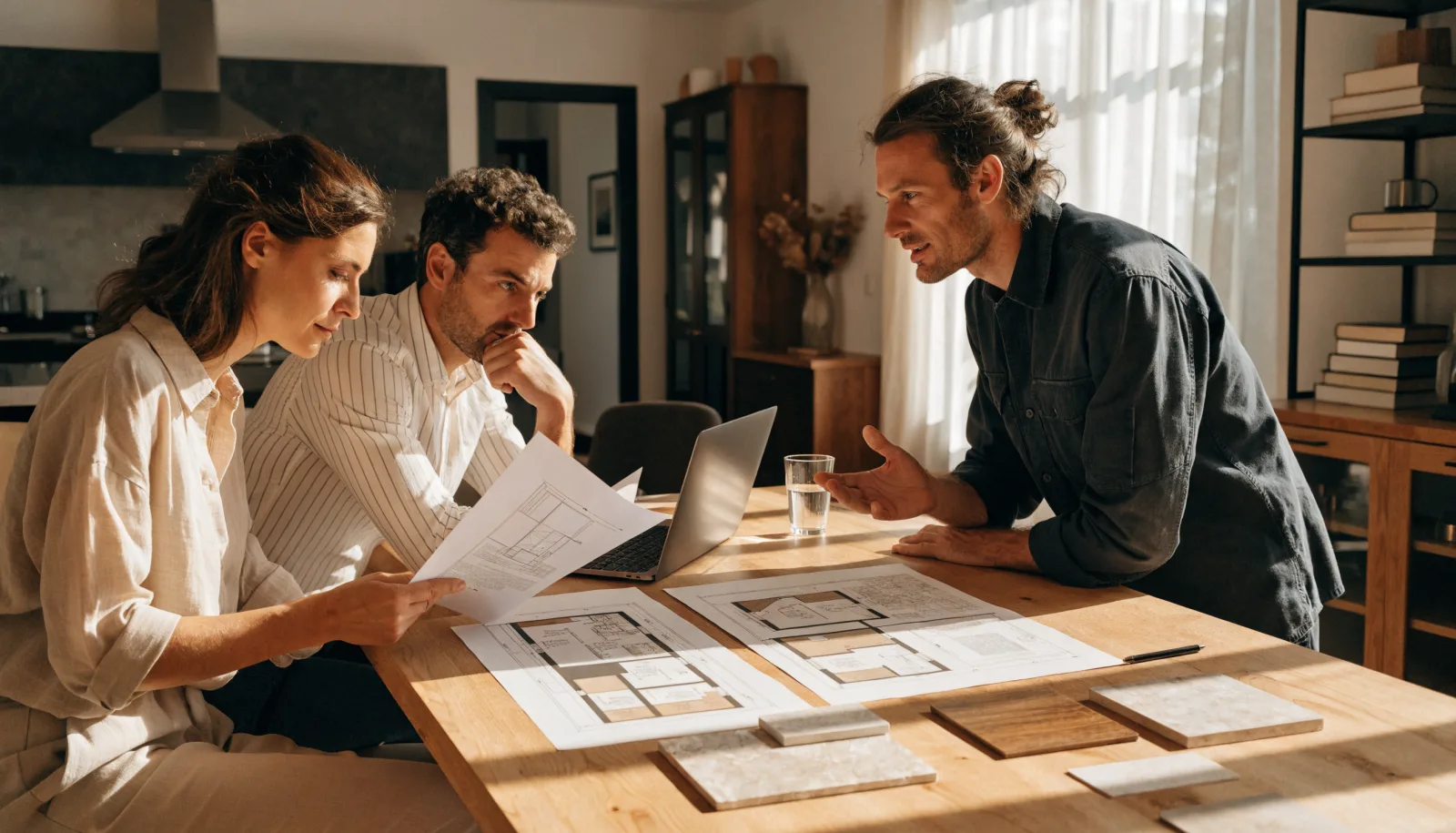 Comparer des devis travaux pour votre renovation Couple comparant plusieurs devis de renovation avec un artisan autour d une table de projet.